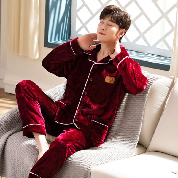 Autumn And Winter Flannel Men's Pajamas Men's Lapel Cardigan - Image 7