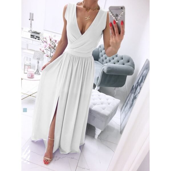 Women's Summer Sleeveless And Ankle Skirt Solid Color V-neck Front Split Long Dress - Image 5