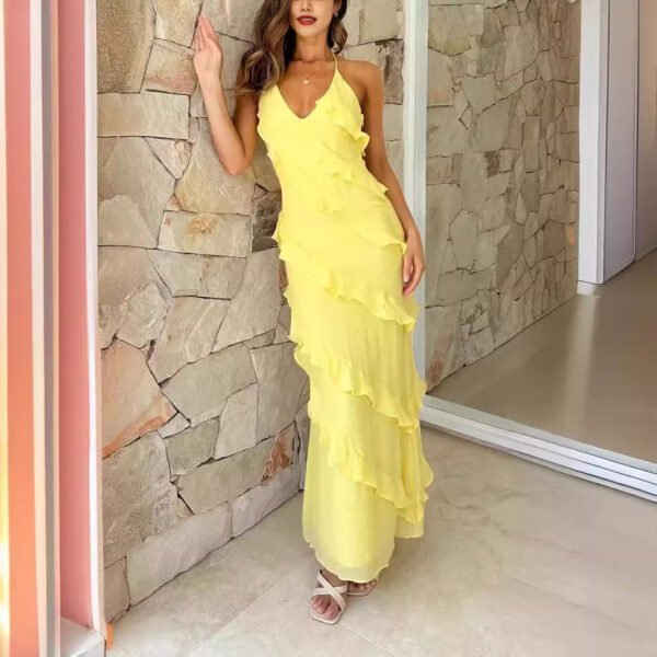 European And American Multi-layer Wooden Ear Backless Halter Long Dress - Image 2