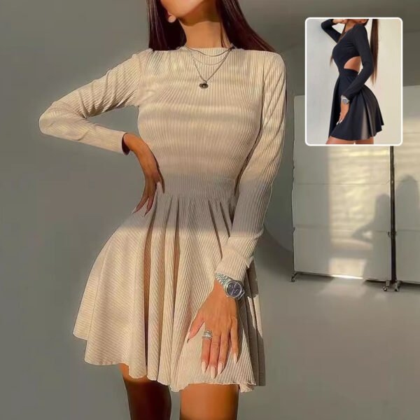 Y2K Long-sleeved Dress With Hollow Design Fashion Solid Color Round Neck A-line Dresses Fall Wainter Women's Clothing - Image 9