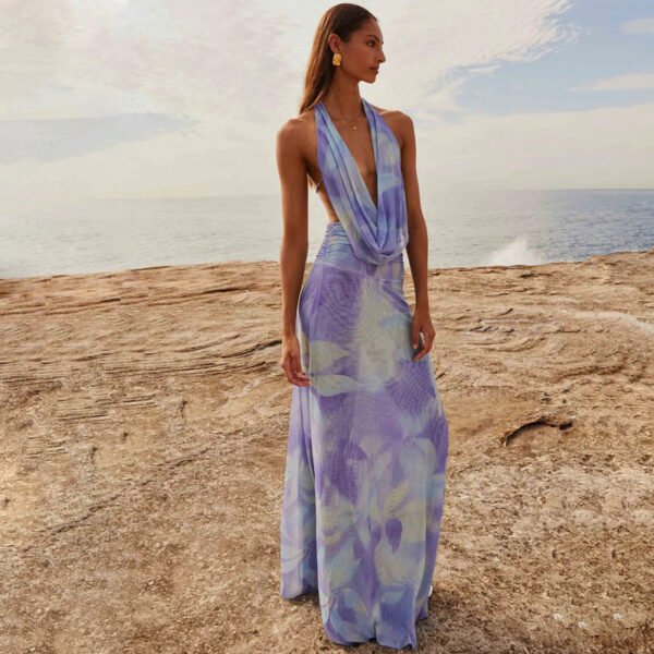 2pcs Tie Dye Printing Deep V-neck Suits Fashion Halter Backless Long Dresses For Beach Party Womens Clothing - Image 3