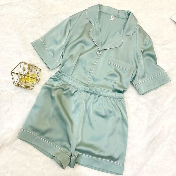 Women's Square Diamond Button Ice Silk Short Sleeve Casual Silk Pajamas Two-piece Set - Image 3