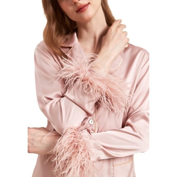 Removable Feather Ice Silk Pajamas Women Ostrich Feather Home Wear Suit - Image 5