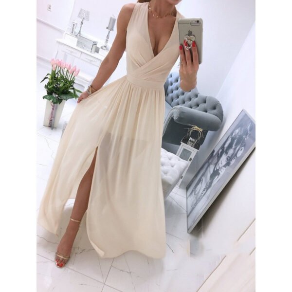 Women's Summer Sleeveless And Ankle Skirt Solid Color V-neck Front Split Long Dress - Image 2