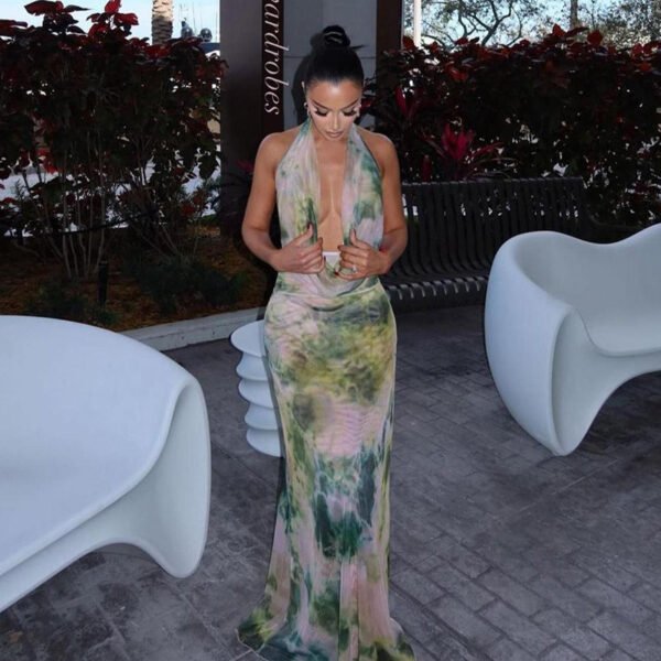 2pcs Tie Dye Printing Deep V-neck Suits Fashion Halter Backless Long Dresses For Beach Party Womens Clothing - Image 9
