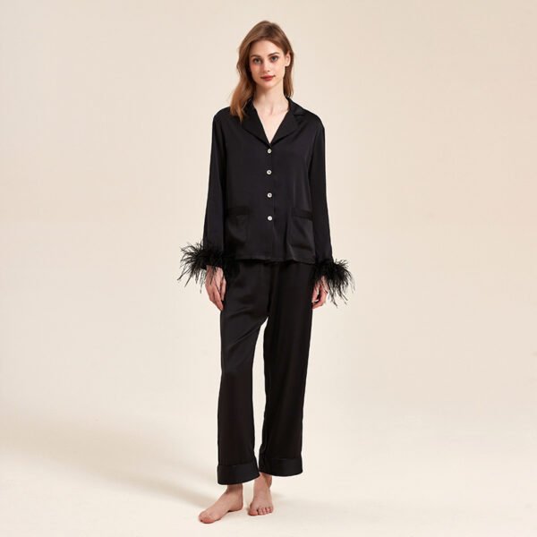 Removable Feather Ice Silk Pajamas Women Ostrich Feather Home Wear Suit - Image 9