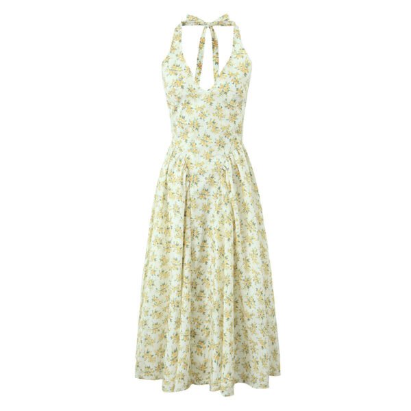 French Hepburn Style V-neck Halter Floral Sleeveless Dress - Image 7
