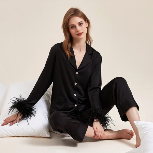 Removable Feather Ice Silk Pajamas Women Ostrich Feather Home Wear Suit - Image 3