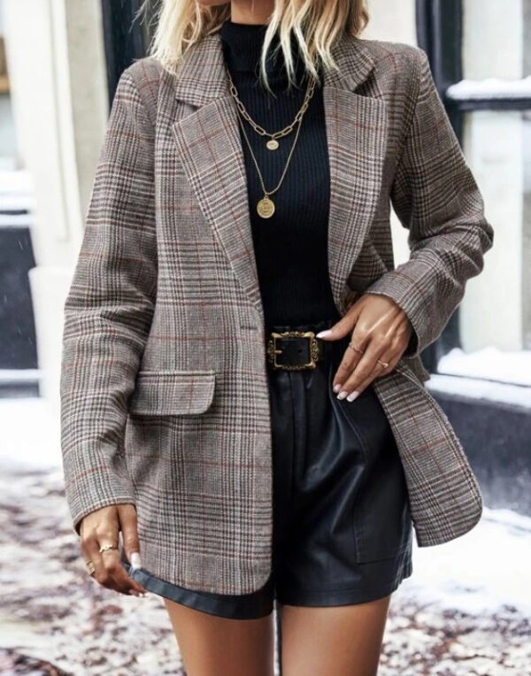 Women's Suit Jacket Plaid Printed Lapel Single Button Long Blazer Elegant Vintage Clothing - Image 6