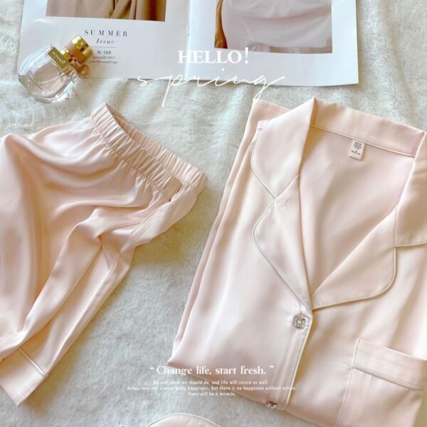 Women's Square Diamond Button Ice Silk Short Sleeve Casual Silk Pajamas Two-piece Set - Image 4