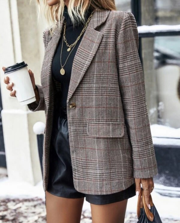 Women's Suit Jacket Plaid Printed Lapel Single Button Long Blazer Elegant Vintage Clothing - Image 4