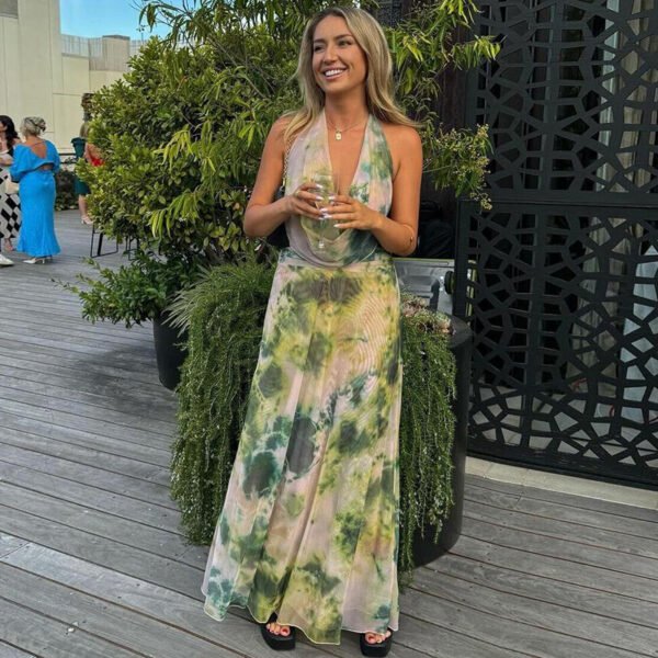2pcs Tie Dye Printing Deep V-neck Suits Fashion Halter Backless Long Dresses For Beach Party Womens Clothing - Image 4