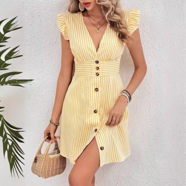 Summer V-neck Single-breasted Fly-sleeve Women's Shirt Dresses With Elegant Splicing Stripe Printing Beach Style Dress - Image 2