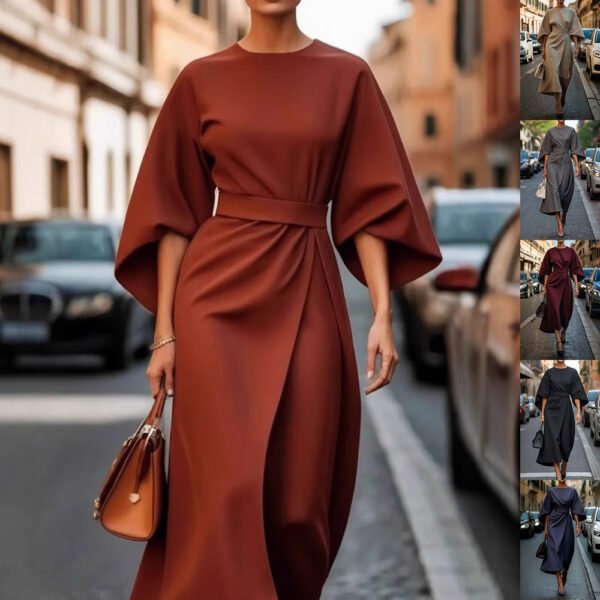 Loose Batwing Sleeve Dress Fashion Waist-tighted Solid Color Elegant Dresses For Women Clothing - Image 2
