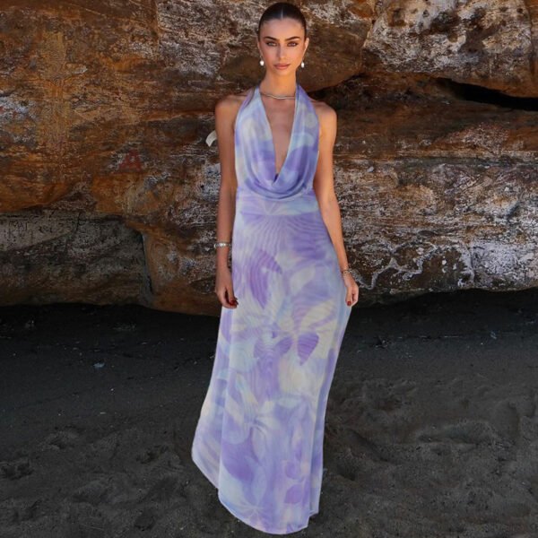 2pcs Tie Dye Printing Deep V-neck Suits Fashion Halter Backless Long Dresses For Beach Party Womens Clothing - Image 2