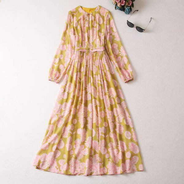 Women's Round Neck Tied Lantern Long Sleeve Dress - Image 2