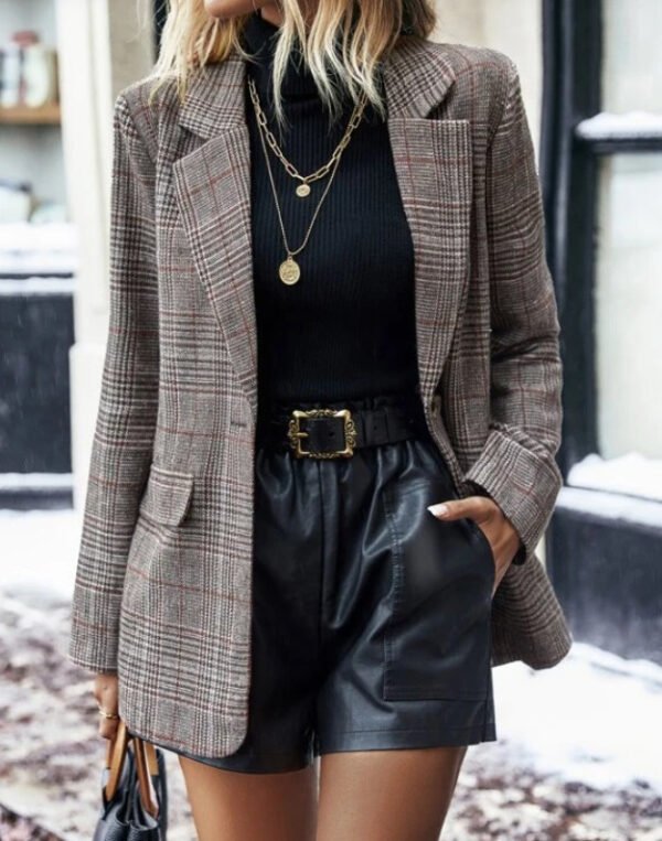Women's Suit Jacket Plaid Printed Lapel Single Button Long Blazer Elegant Vintage Clothing - Image 5
