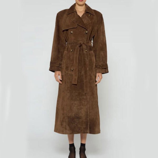 Double Breasted Lapel Shift Coat With Belt Fashion Vintage Suede Long Coat Winter Outwear Women's Clothing - Image 7