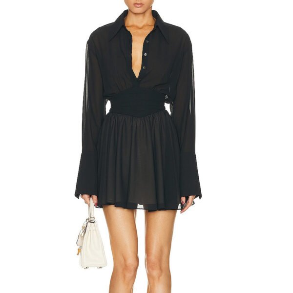 Deep V-neck Long Sleeve Waist Trimming Shirt Short Dress - Image 2
