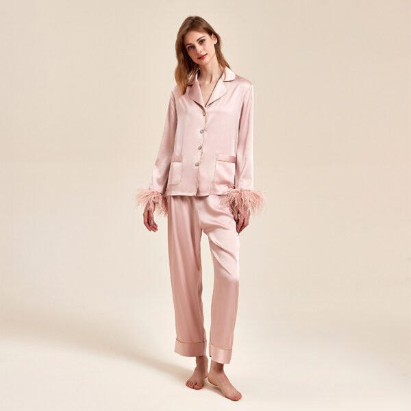 Removable Feather Ice Silk Pajamas Women Ostrich Feather Home Wear Suit - Image 8