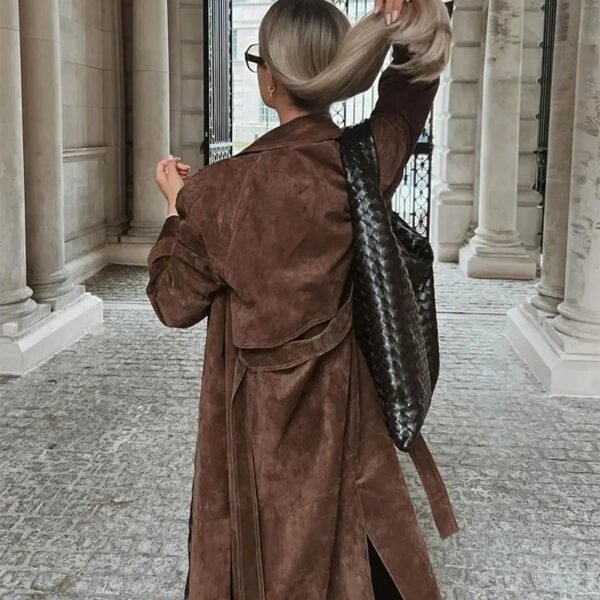 Double Breasted Lapel Shift Coat With Belt Fashion Vintage Suede Long Coat Winter Outwear Women's Clothing - Image 4
