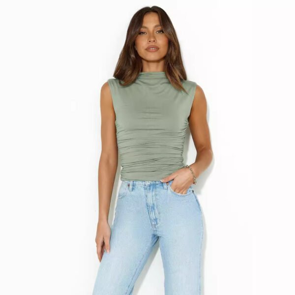 Women's Turtleneck Sleeveless Elegant Vest Pleated All-matching Base Short Top - Image 2