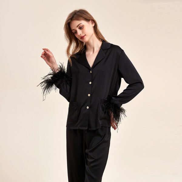 Removable Feather Ice Silk Pajamas Women Ostrich Feather Home Wear Suit - Image 4