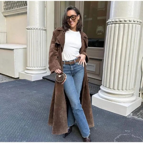 Double Breasted Lapel Shift Coat With Belt Fashion Vintage Suede Long Coat Winter Outwear Women's Clothing - Image 2