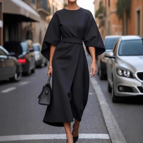 Loose Batwing Sleeve Dress Fashion Waist-tighted Solid Color Elegant Dresses For Women Clothing - Image 4