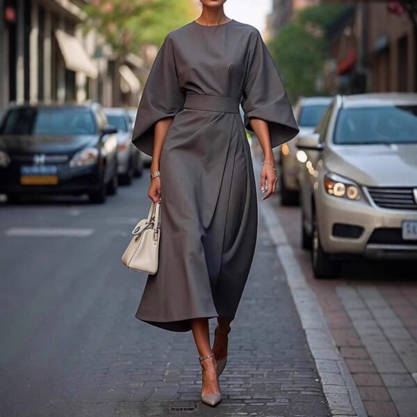 Loose Batwing Sleeve Dress Fashion Waist-tighted Solid Color Elegant Dresses For Women Clothing - Image 3