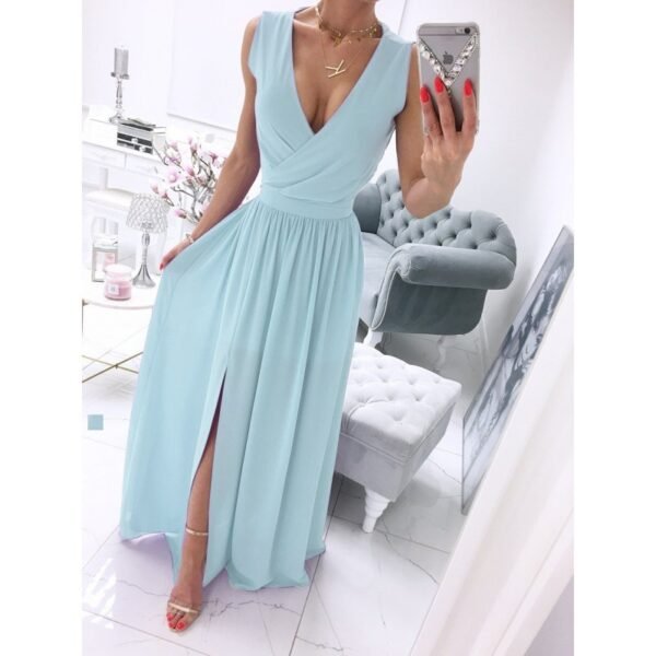 Women's Summer Sleeveless And Ankle Skirt Solid Color V-neck Front Split Long Dress - Image 6