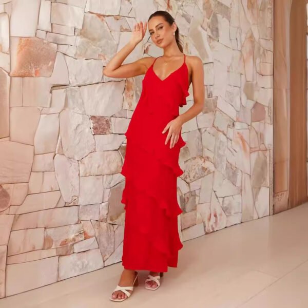 European And American Multi-layer Wooden Ear Backless Halter Long Dress - Image 3