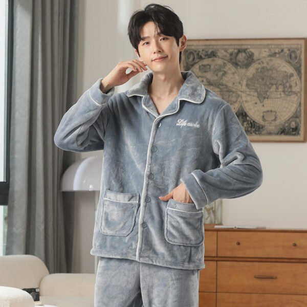 Autumn And Winter Flannel Men's Pajamas Men's Lapel Cardigan - Image 9