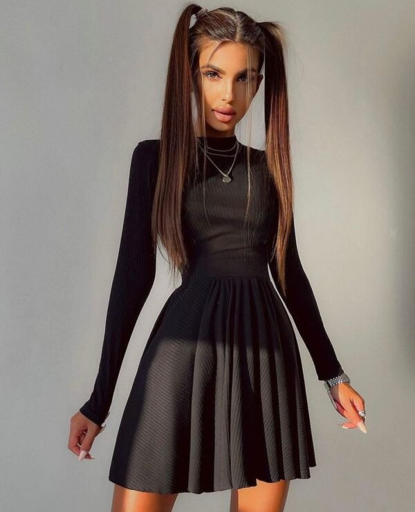 Y2K Long-sleeved Dress With Hollow Design Fashion Solid Color Round Neck A-line Dresses Fall Wainter Women's Clothing - Image 4