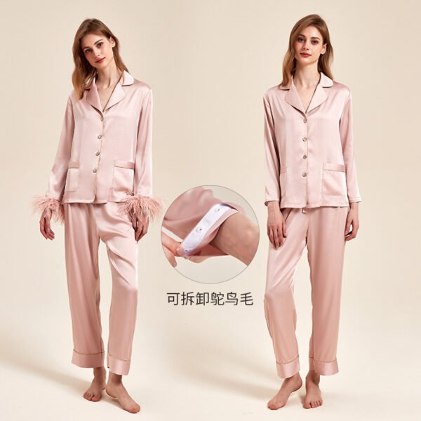 Removable Feather Ice Silk Pajamas Women Ostrich Feather Home Wear Suit - Image 2