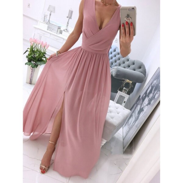 Women's Summer Sleeveless And Ankle Skirt Solid Color V-neck Front Split Long Dress - Image 4
