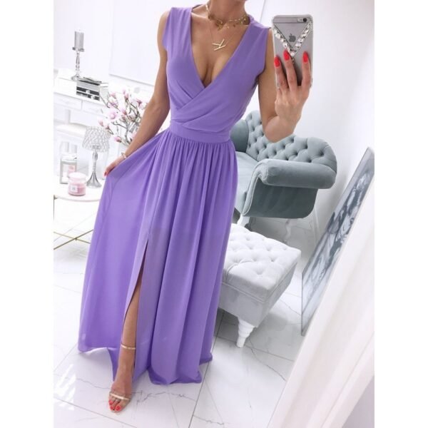 Women's Summer Sleeveless And Ankle Skirt Solid Color V-neck Front Split Long Dress - Image 3