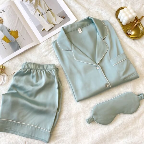 Women's Square Diamond Button Ice Silk Short Sleeve Casual Silk Pajamas Two-piece Set - Image 2