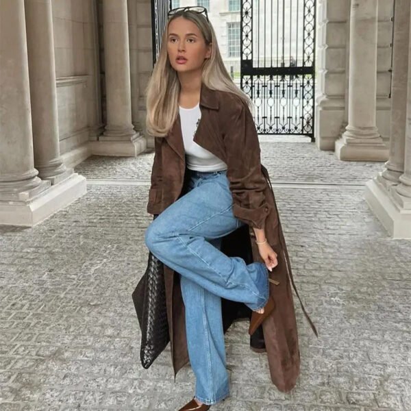 Double Breasted Lapel Shift Coat With Belt Fashion Vintage Suede Long Coat Winter Outwear Women's Clothing - Image 5